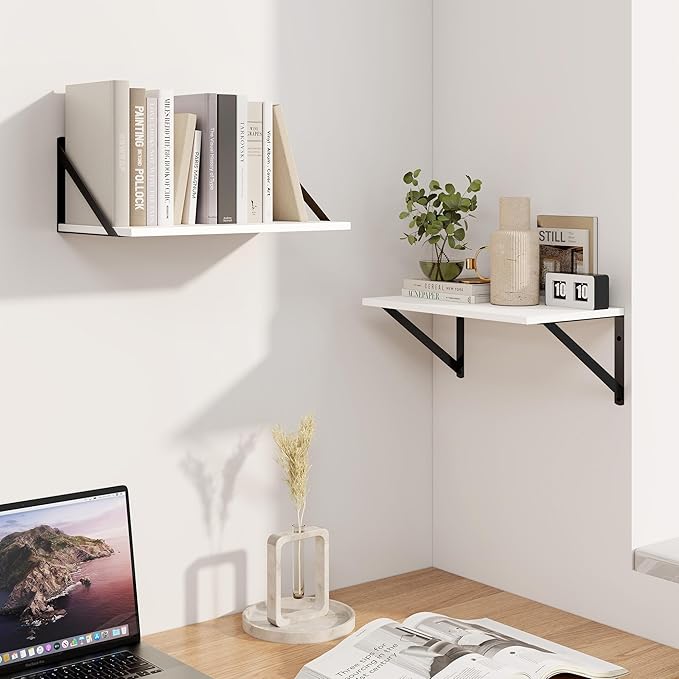 Heimlove White Deep Floating Shelves for Wall, 16W x 8D Wood Wall Shelves Set of 2, Wide Floating Bookshelf for Living Room, Kitchen, Office, Bedroom and Decor Storage, with Black Bracket - White