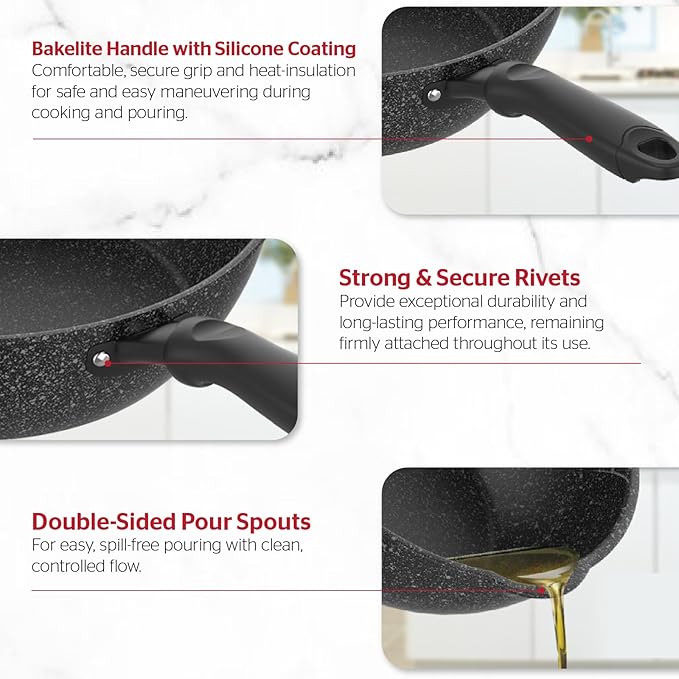 Sunhouse – 11 Inch / 20 cm Non-Stick Deep Frying Pan with Double Pour Spouts, 5-Layer Whitford Non-Stick Coating, PFOA-FREE, Stay-Cool Handle, Induction Compatible with All Cooktops