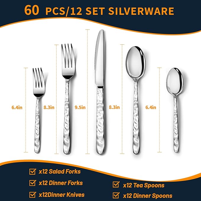 60 Piece Silverware Set for 12, Food-Grade Stainless Steel Utensils Set Includes Spoons Forks Knives, Sturdy Home Kitchen Eating Tableware Set,Wave Style Design & Mirror Polished - Dishwasher Safe