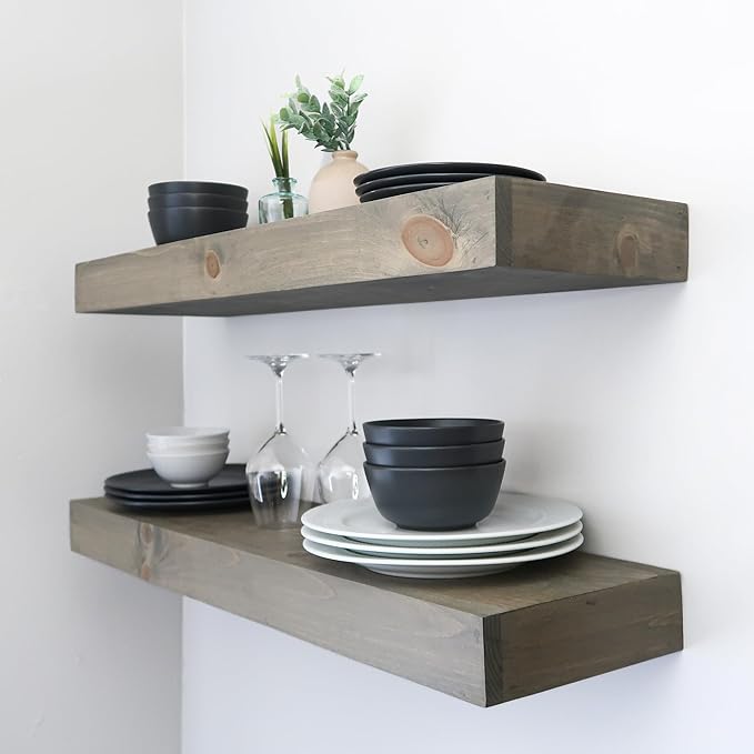 Modern Floating Shelves 3 Inches Thick for Wall, Wide Shelves for Kitchen, Living Room, Bedroom, and Bathroom, Natural Pine Wood, Rustic Wooden Shelf, (Set of 2) (Aged Barrel, 24Lx3Hx6D)
