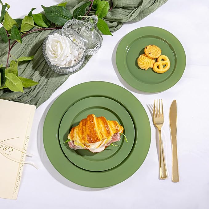 I00000 102 Pcs Green Plastic Plates, Green Disposable Plates Include 51 Dinner Plate 10’’ and 51 Dessert Plate 7’’ Perfect for Birthday, Party & Wedding