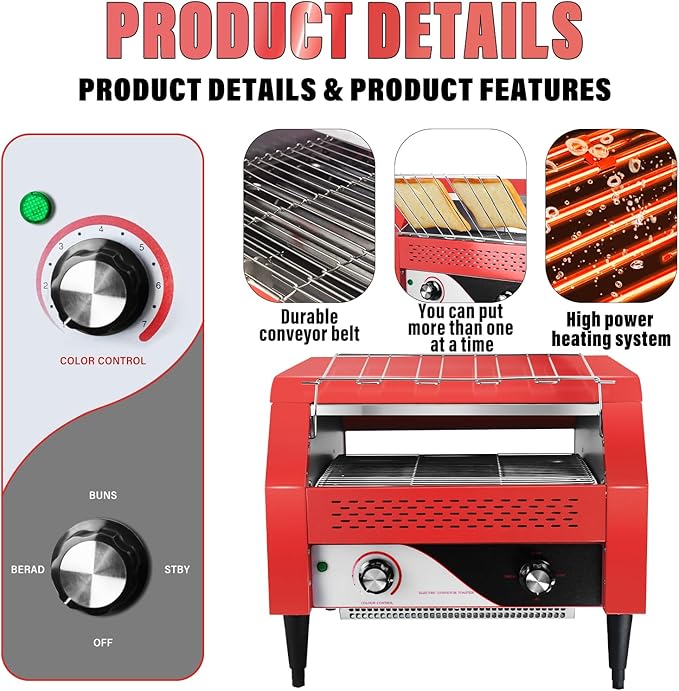 Commercial Conveyor Toaster 450 Slices/Hour Red Conveyor Toaster 3 Modes/7 Speeds Stainless Steel Tabletop Toaster for Toast, Bagels and Other Baked Breads