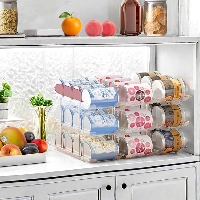 Can Organizer for Pantry, 3 Sets 2Tiers Can Storage Organizer Pantry, Soda Can Organizer for Fridge 24 Cans Rack Automatic Rolling Stackable Canned Food Organizer,Clear