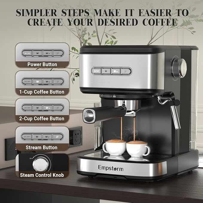 Espresso Machine 20 Bar, 2 in 1 Espresso Maker with Milk Frother Steam Wand for Latte and Cappuccino, Powder and Capsule Portafilter, 50oz Removable Water Tank Coffee Machine for Home-Silver