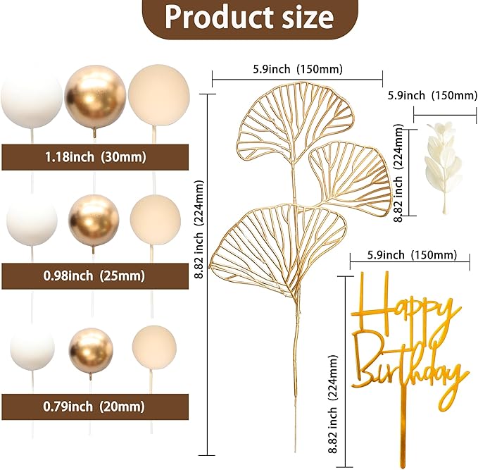 Gyufise 57Pcs Khaki Balls Cake Topper Boho Grass Cake topper Pearl Balls Acrylic Happy Birthday Cake Decorations for Wedding Baby Shower Birthday Boho Themed Party Supplies Khaki White Gold