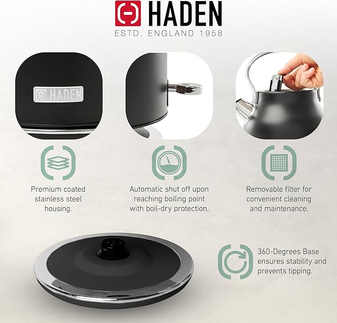 HADEN Heritage 1.7 Liter Stainless Steel Electric Kettle, Hot Water Kettle with 360-Degree Base and Auto Shutoff, Black & Chrome