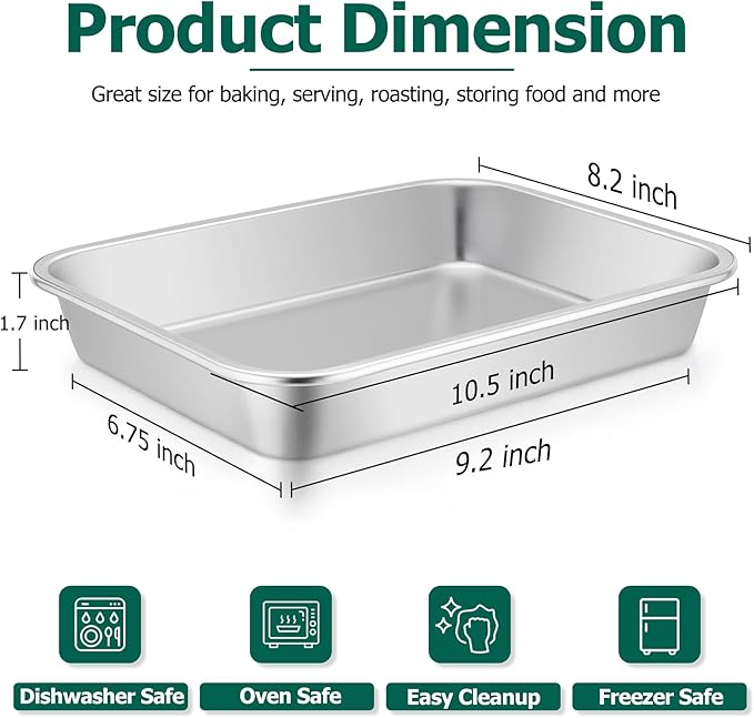 TeamFar Lasagna Pan, 10.6 x 8.3 x 1.7inch Stainless Steel Rectangular Cake Brownie Pan Casserole Baking Dish, Compact for Toaster Oven, Non Toxic & Healthy, Brushed Finish & Easy Clean-Dishwasher Safe