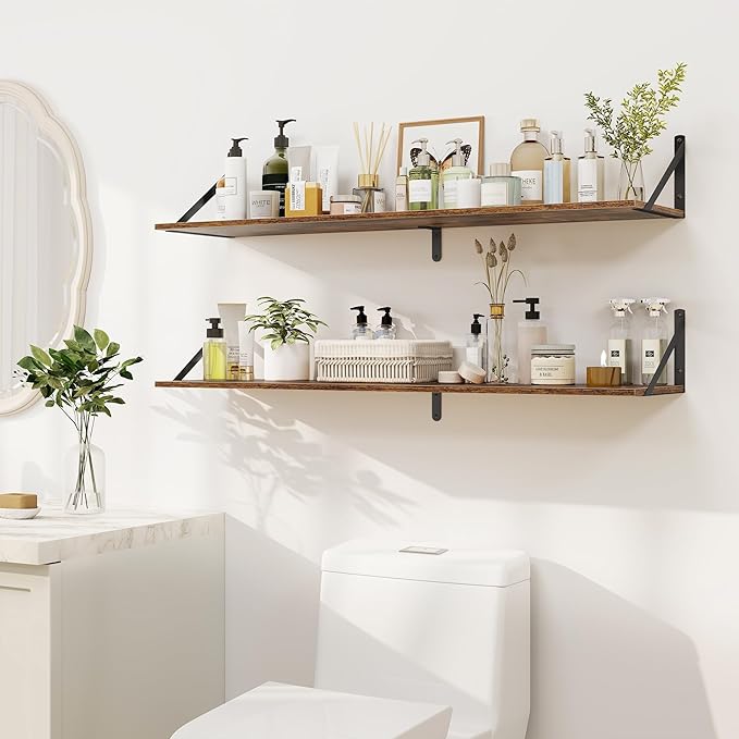 Heimlove Deep Floating Shelves for Wall, 40W x 8D Wood Wall Shelves Set of 2, Wide Floating Bookshelf for Living Room, Kitchen, Office, Bedroom and Decor Storage, with Metal Bracket - Rustic Brown