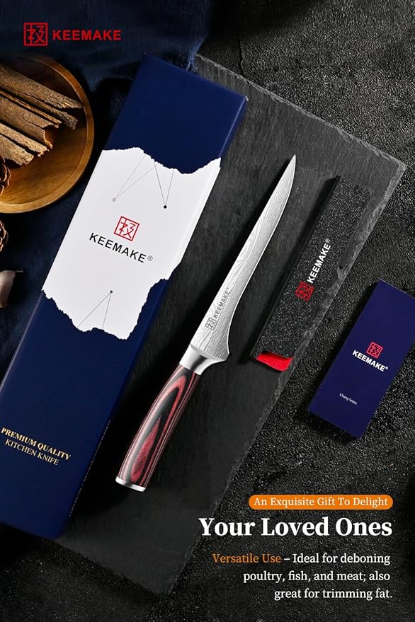 KEEMAKE Boning Knife 6 Inch - Super Sharp High Carbon Stainless Steel Fillet Knife for Meat, Fish & Poultry with Ergonomic Handle, w/Sheath - Ideal Gift for Chefs