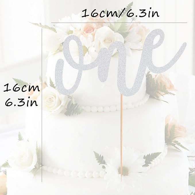 First Birthday Cake Topper - Silver Glitter One Cake Decorating Supplies for Girls and Boys, Perfect for Baby Shower/Gender Revealing Party/Baby Party Photo Booth Props