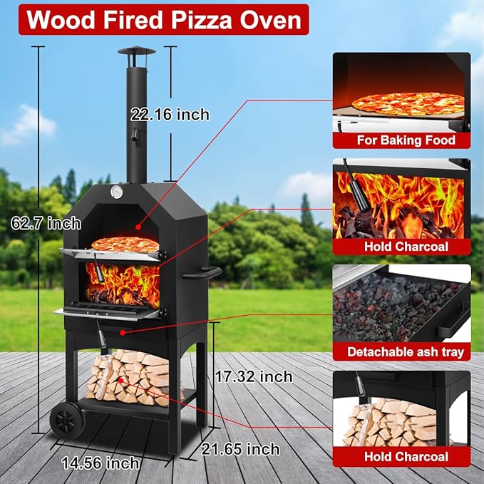 EDOSTORY Outdoor Pizza Oven, Wood Fired for Outside, Patio Maker With Stone, Peel, Grill Rack, and Waterproof Cover for Backyard Camping