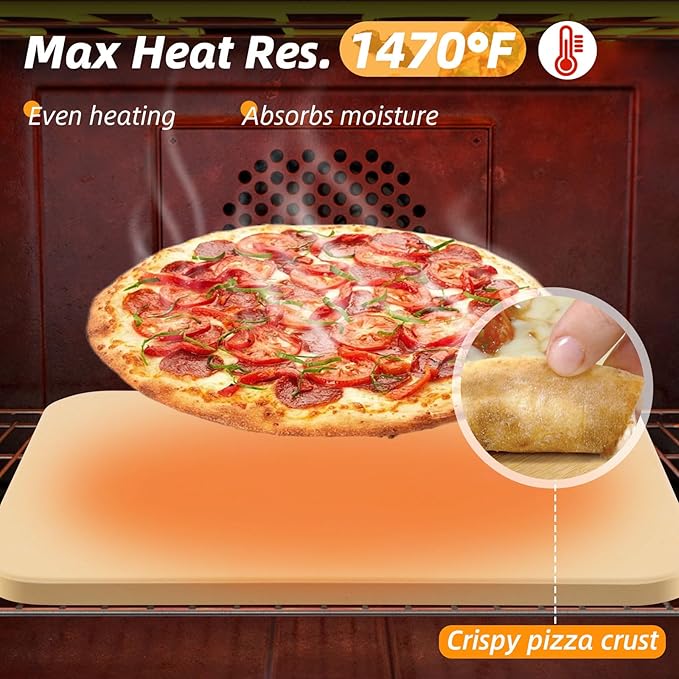 GOFOWEK Pizza Stone 5 PCS Set, 15 x 12" Large Rectangle Pizza Stone Set for Oven and Grill with Metal Pizza Peels & Cutter Rocker, 0.6'' Thickened Stone Pizza Pan, Baking Stone for Pizza, Bread