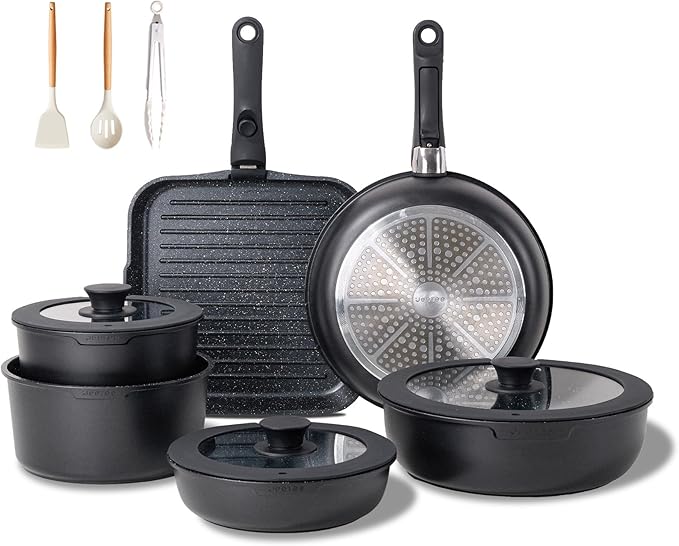 JEETEE Pots and Pans Set Non Stick 25pcs, Cookware Set with Removable Handle, Induction Kitchen Cooking Sets with Detachable Handle, RV Camping Stackable Pots Pans, Oven Safe, PFOA Free, Black