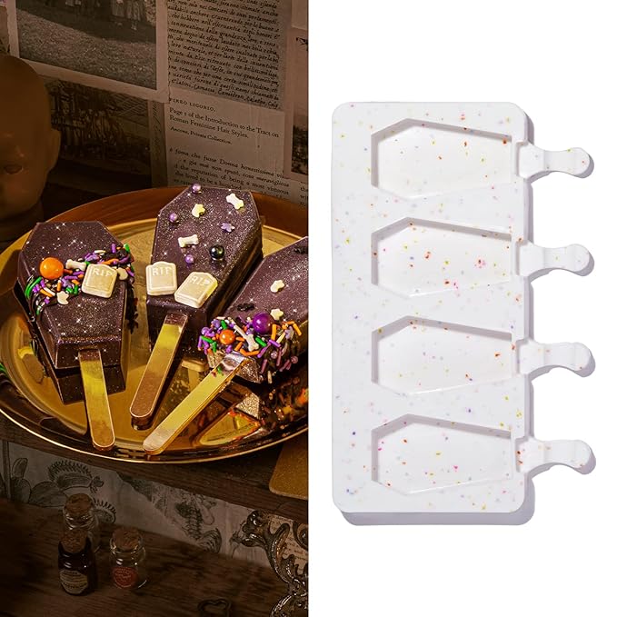 Fancy Sprinkles Limited Edition Halloween Elvira Coffin Cakesicle Mold, 4 Cavities Reusable Silicone, For Baking & Dessert Decorating, Includes 8 Dual-Sided Metallic Acrylic Sticks (10 ¼” x ⅞” x 6 ⅜”)