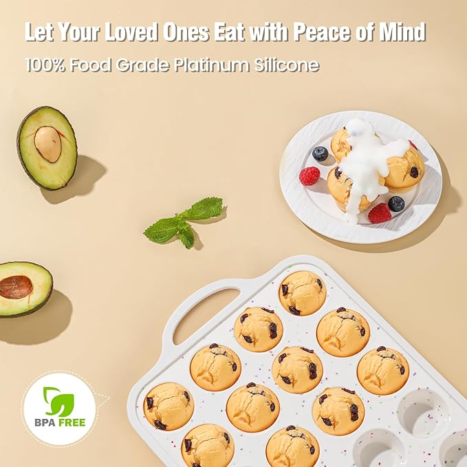 Silicone Muffin Pan with Metal Reinforced Frame - Mini Muffin Pan for Homemade Muffins, Cupcakes, and Bread, Oven and Dishwasher Safe - Set of 2, 6-Cup and 24-Cup