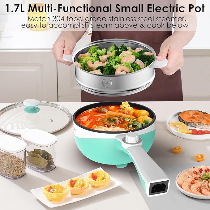 Audecook Hot Pot Electric, 1.7L Mini Electric Skillet Portable Nonstick Sauté Pan with Power Adjustment, Rapid Noodles Cooker Travel Multicooker for Steak/Soup/Egg/Oatmeal/Noodles