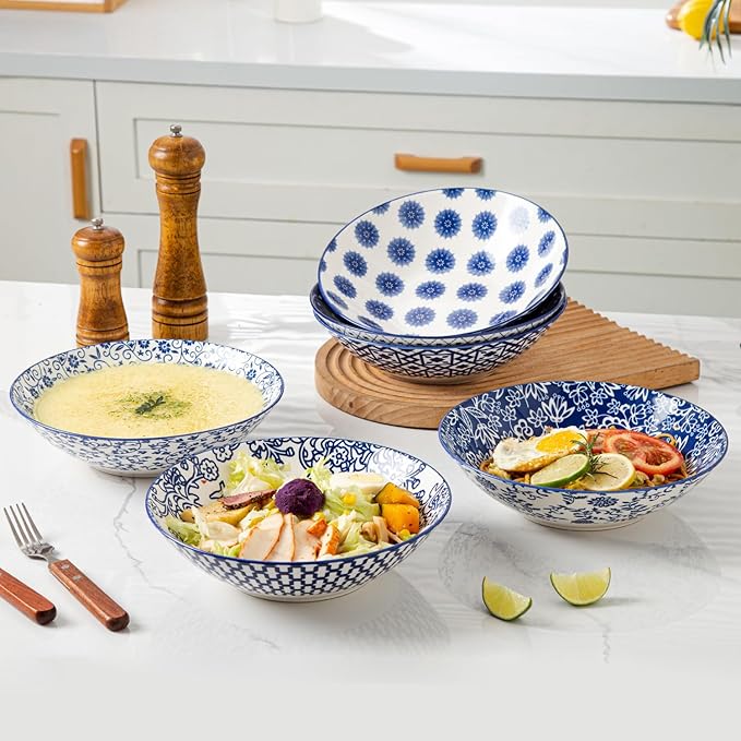 Ceramic Pasta Bowls Set - 40 Oz Porcelain Large Salad Bowls Serving - 9 Inch Wide Shallow Plate Bowls for Eating - Housewarming Wedding Gift - Oven Dishwasher Safe - Set of 6 - Vintage Blue