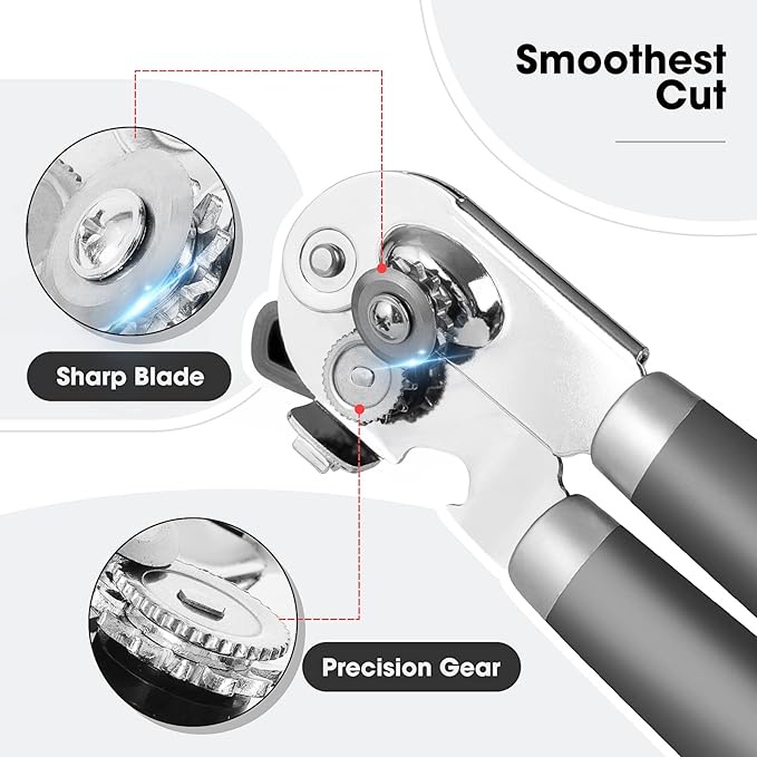 Beneno Can Opener Manual with Magnet, Hand Held Heavy Duty Can Opener with Durable Sharp Blade Smooth Edge, Big Effort-Saving Knob, Soft Grip Rubber Handle, Multifunctional Bottle Opener, Gray