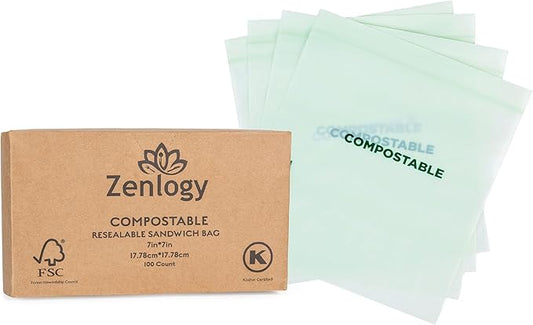 Zenlogy Home Compostable Resealable Sandwich Bags (7"x7"), Microwave & Freezer Safe, Organic Food Storage Container, 100 Count