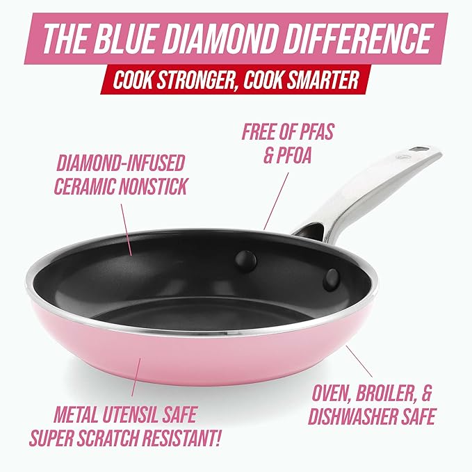 Blue Diamond 12" Nonstick Frying Pan with Lid, Diamond Infused PFAS & PTFE-Free Ceramic Skillet, Dishwasher & Oven Safe, Stay Cool Handle, Durable Non Toxic Metal Utensil Safe, Glass Lid, Pink