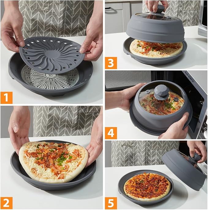 Microwave Splatter Silicone Cover Collapsible, Vented Multifunction Splash Lid with Glass Dish Bowl Plate for Food Cooking Bacon Maker, Dishwasher Safe BPA-Free 9 inch Cookware Set Grey