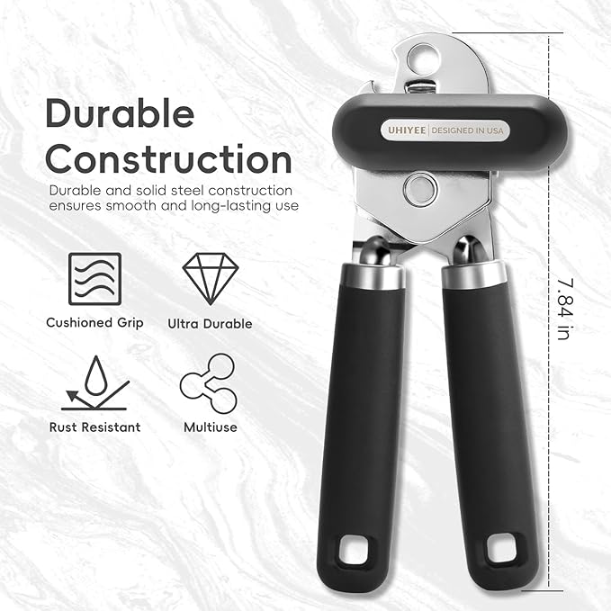 Can Opener Manual, UHIYEE Hand Held Manual Can Openers Heavy Duty with Smoother Cut Sharp Blade, Manual Hand Can Open with Soft Handle, Easy to Turn Knob, Magnetic Lid Lifter, Black
