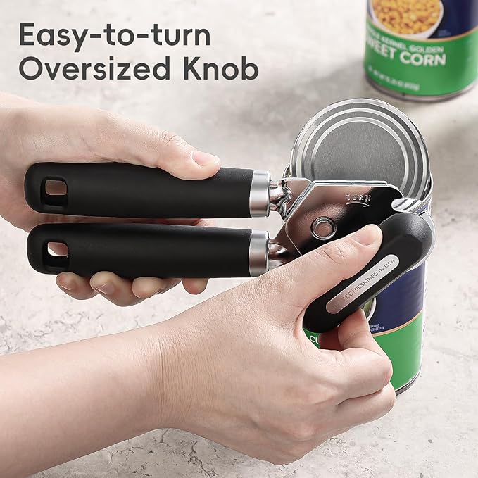 Can Opener Manual, UHIYEE Hand Held Manual Can Openers Heavy Duty with Smoother Cut Sharp Blade, Manual Hand Can Open with Soft Handle, Easy to Turn Knob, Magnetic Lid Lifter, Black