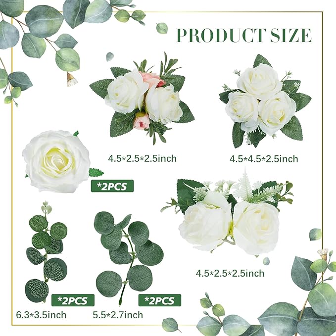 Taiyin 9 Pcs Flower Cake Topper Boho Cake Decorations Eucalyptus Flowers Floral Decorations for Women Wedding Birthday Party Anniversary(White)