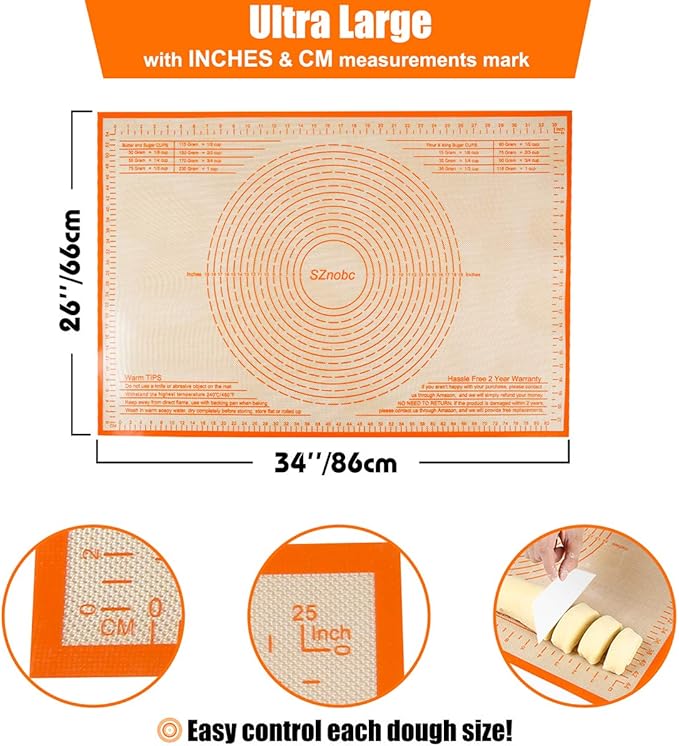 Silicone Pastry Mat 34'' By 26'' Extra Large Baking Mat with Measurements for Dough Rolling, Kneading Board, Kitchen Counter Mats, Perfect for Dough, Pastry, Fondant, Cookies, Bread, Pasta, Pizza