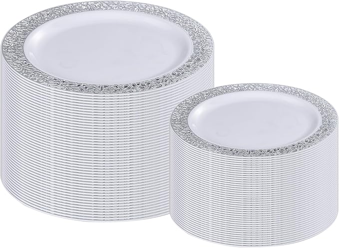 I00000 200 Pieces Silver Plastic Plates, Disposable Plastic Plates for 100 Guests Include: 100 Pcs Dinner Plate 10.25” and 100 Pcs Dessert Plate 7.5” with Silver Lace Rim Perfect for Wedding & Party