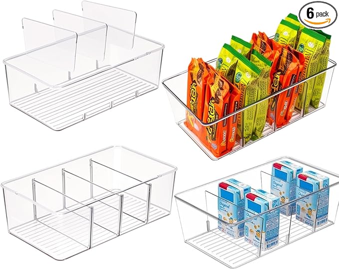 4 Pcs Clear Pantry Organizers and Storage,Plastic Storage Bins for Fridge with Removable Dividers, Kitchen Cabinet Organizers Ideal for Kitchen, Pantry, Refrigerator, Freezer, and Snack Storage