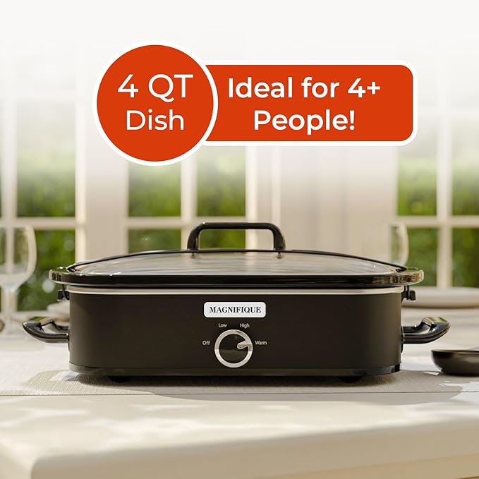 [NEW] MAGNIFIQUE 4-Quart Slow Cooker with Casserole Manual Warm Setting - Perfect Kitchen Small Appliance for Family Dinners, Dishwasher Safe Crock, Black