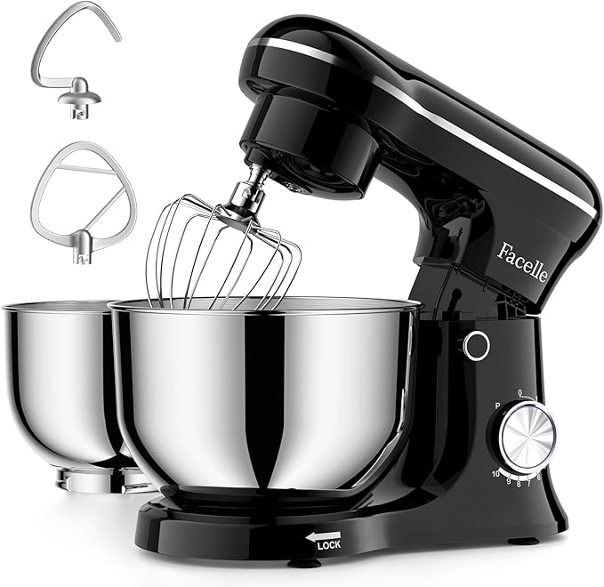 Facelle Tilt-Head Stand Mixer, 5QT+6QT Stainless Steel Two Bowls, 10 Speeds Kitchen Electric Food Mixer with Egg Whisk, Dough Hook, Beater, Dishwasher-Safe Attachment, Ideal Gift for Mom