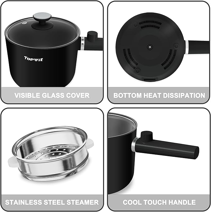 Topwit Hot Pot Electric with Steamer, 1.5L Ramen Cooker, Non-Stick Frying Pan, Electric Pot for Pasta, BPA Free, Electric Cooker with Dual Power Control, Over-Heating & Boil Dry Protection, Black