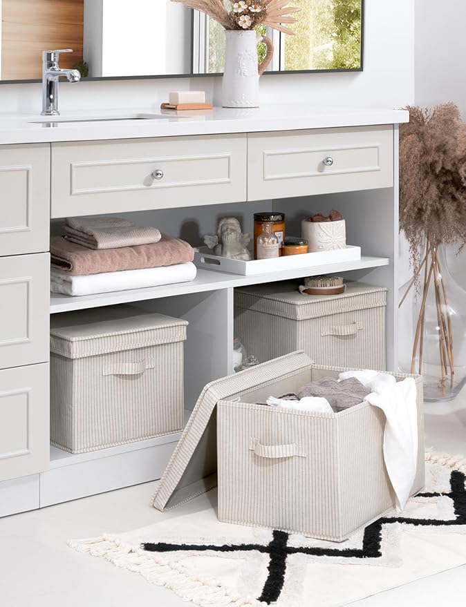 StorageWorks Storage Bins with Lids, Decorative Storage Boxes with Lid and Handles, Foldable Storage Baskets for Closet, Shelves, Stackable, Khaki Stripe, Jumbo, 3-Pack