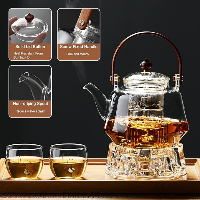 40oz Glass Teapot with Anti-Drip Spout, Peach Wood Handle and Lid, Heat-Resistant Borosilicate Glass, Dual Infusers for Steaming and Boiling