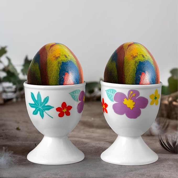Cinf Ceramic Egg Cups Hawaii Flower Set of 2 Porcelain Holder Breakfast Boiled Cooking Easy to Clean Childhood Memories Kitchen