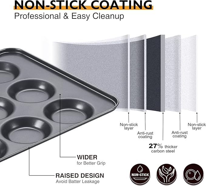 HONGBAKE Mini Muffin Top Pan for Baking, Premium 12 Cavity Small Whoopie Pie Pan, Nonstick Yorkshire Pudding Pan for Pansuffin, Moon Pie, Cookies, Dishwasher Safe and Easy to Clean