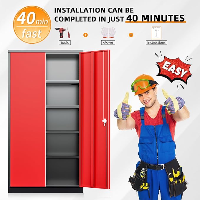 INTERGREAT Metal Storage Cabinets 72” Black Red Garage Steel Storage Cabinet with Doors and Shelves, Steel File Cabinet for Home Office, Basement, Warehouse, Classroom（Anti Tipping）