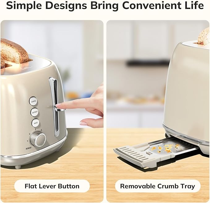 2 Slice Stainless Steel Toaster Retro with 6 Bread Shade Settings, Bagel, Cancel, Defrost Function, 2 Slice Toaster with Extra Wide Slot, Removable Crumb Tray, Tauge