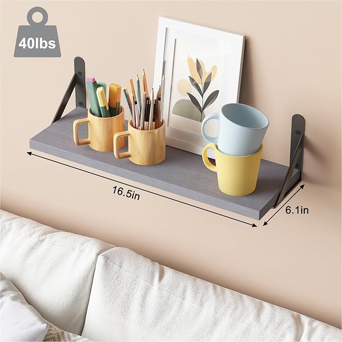 YGEOMER 16.5 Inch Floating Shelves for Wall, Farmhouse Wall Shelves for Bedroom, Bathroom Storage, Living Room and Kitchen Decor (Set of 6 Grey)