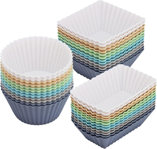 36-Pack Silicone Cupcake Liners, Reusable Muffin Cups – Round, Square & Rectangle Baking Cups, Non-Stick, Easy to Clean, Bento Box Accessories, Lunch Box Dividers for Kids(36 Liners + 20 Animal Picks)