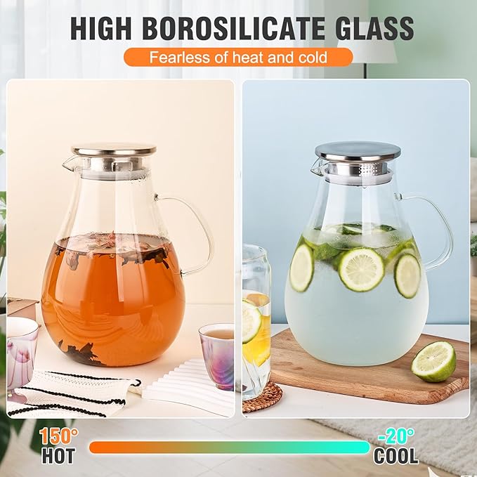 2500ml Glass Pitcher with Lid, 88 Ounces with Precise Scale Line, Hot/Cold Water Jug, Juice and Iced Tea Beverage Carafe with Lid