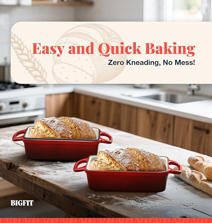 2 IN 1 Cast Iron Bread Loaf Pan with Lid, 3.4QT 9x5 Inch Dutch Oven for Bread Baking, Even Heating Bread Oven, Enameled Bread Pan for Homemade Sourdough Bread Baking & Versatile Cooking, Red