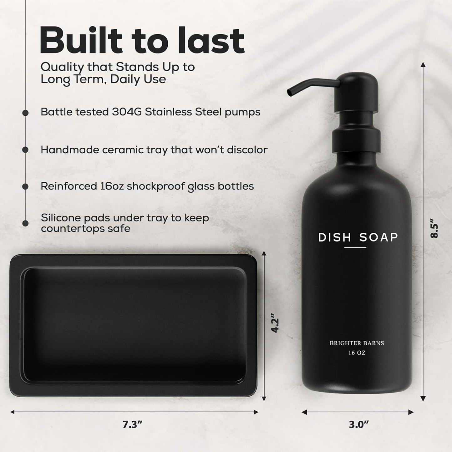 Black Glass Hand and Dish Soap Dispenser Set by Brighter Barns - Kitchen Soap Dispenser Set with Tray for Home, Airbnb, Vacation Rental, Gift - Minimalist Home Decor, Modern Kitchen Decor (Black)