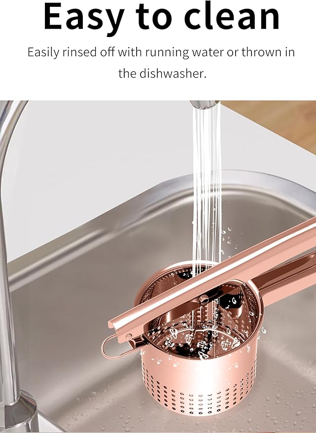 Large 15oz Potato Ricer Masher, Heavy Duty Stainless Steel Potato Masher with Ergonomic Handle, Masher and Ricer Kitchen Tool for Mashed Potatoes, Noodle Maker, Rose Gold