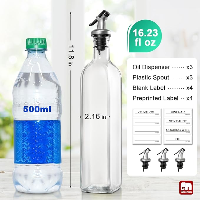 GMISUN Olive Oil Dispenser And Vinegar Bottle 3 Pack 17oz, For Kitchen, Glass Cooking Oil Container Cruet with Pourer Spout, Funnel And Labels, Clear
