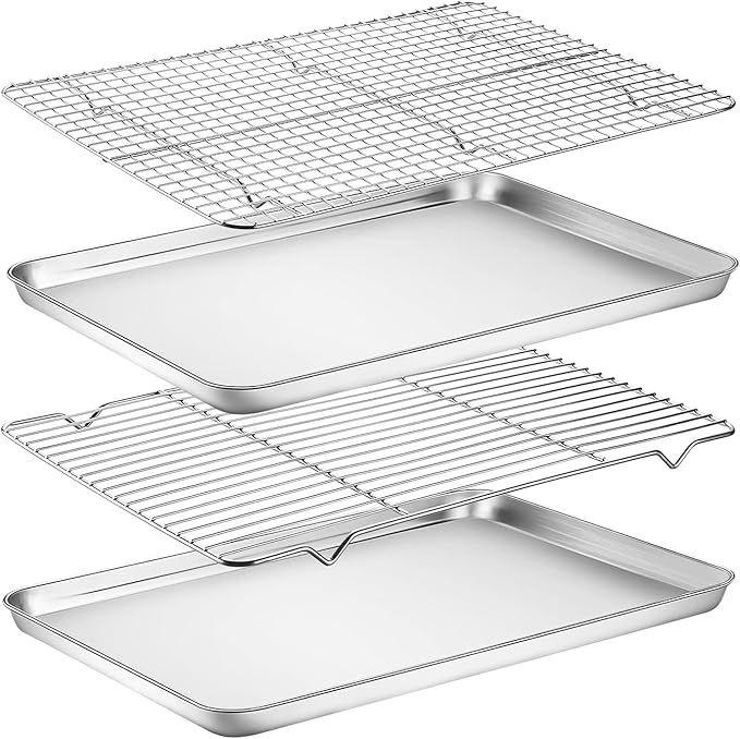 Baking Sheet with Rack Set, Yododo Set of 4 (2 Sheets + 2 Racks), Stainless Steel Cookie Sheet Baking Pan Tray with Cooling Rack, Non Toxic & Heavy Duty & Easy Clean - Size of 17½ inch