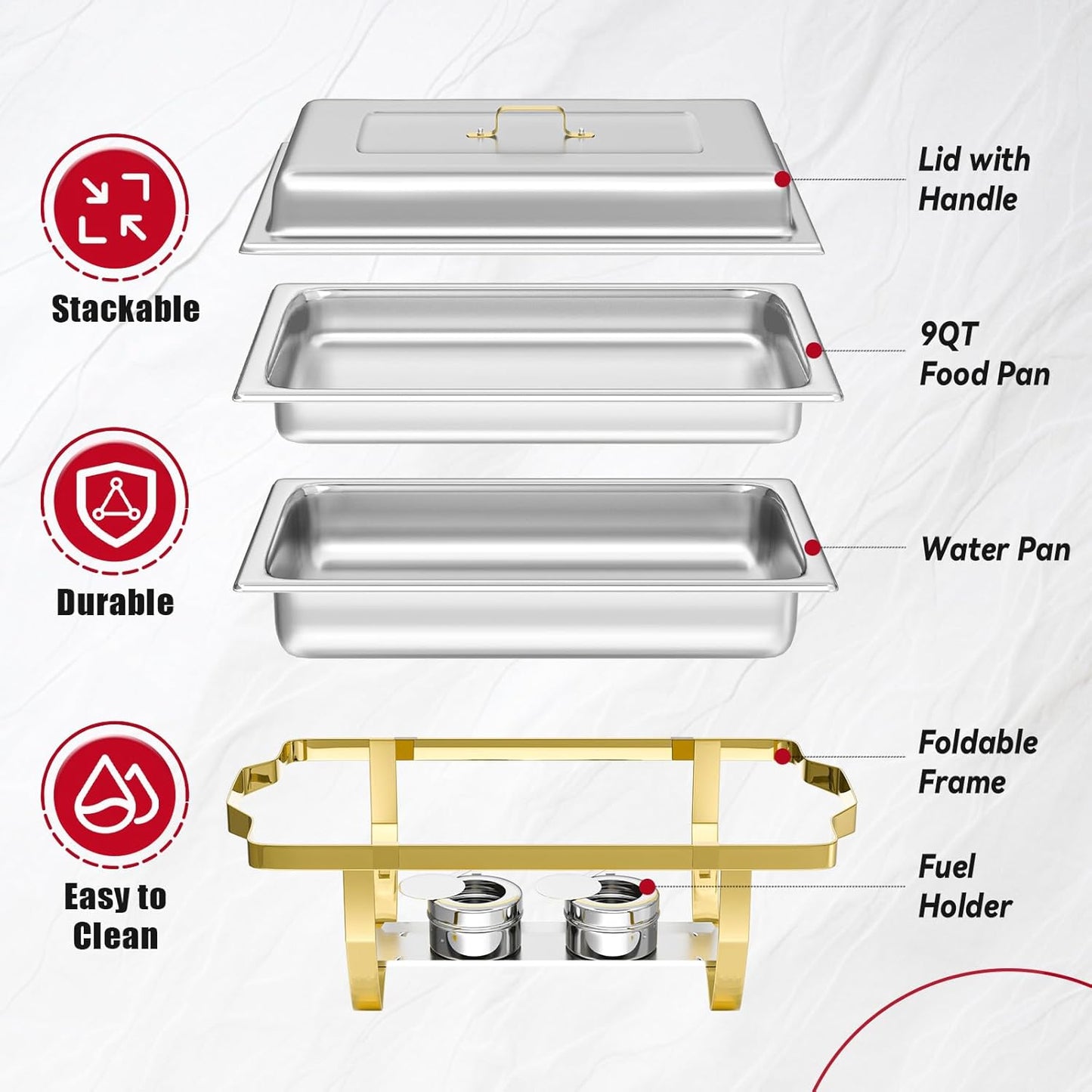 4 Pack Chafing Dish Buffet Set, 8QT Stainless Steel Rectangular Gold Frame Chafers and Buffet Warmer Sets 7 Pans Rolled-Edge Design for Catering Event Party Holiday