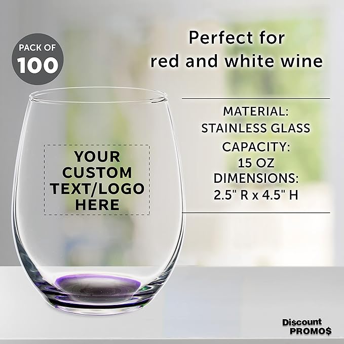 Custom Stemless Wine Glasses in Bulk by ARC Perfection, 15 oz, 100 pack, Personalized Text, Logo, Purple or White Wine Glass Set, Purple